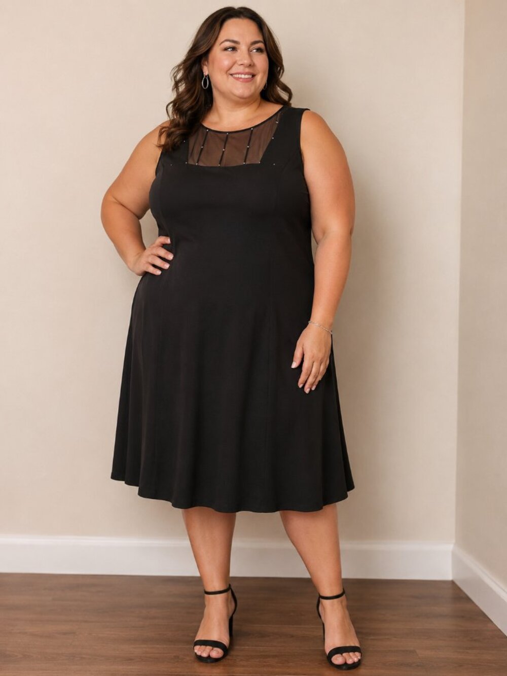 Jones New York Black Dress Plus Size 22W Elegant Sheer Crystal Neckline